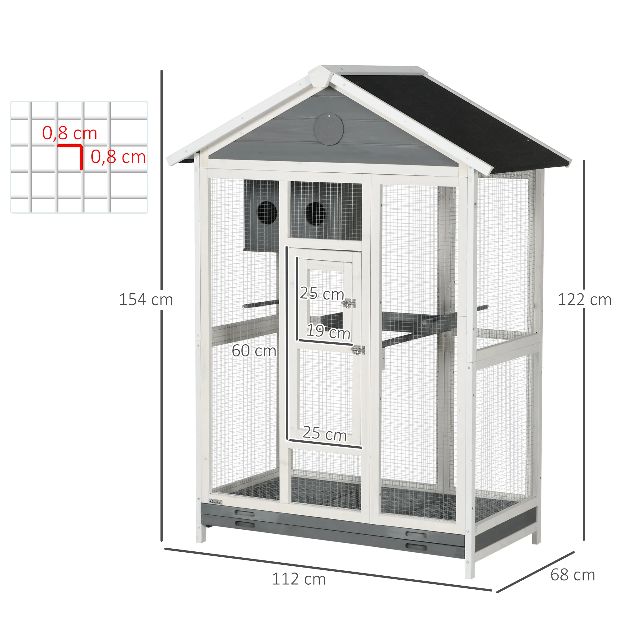 PawHut Houten vogelkooi met 4 zitstokken, asfaltdak, waterdicht, 112 x 68 x 154 cm