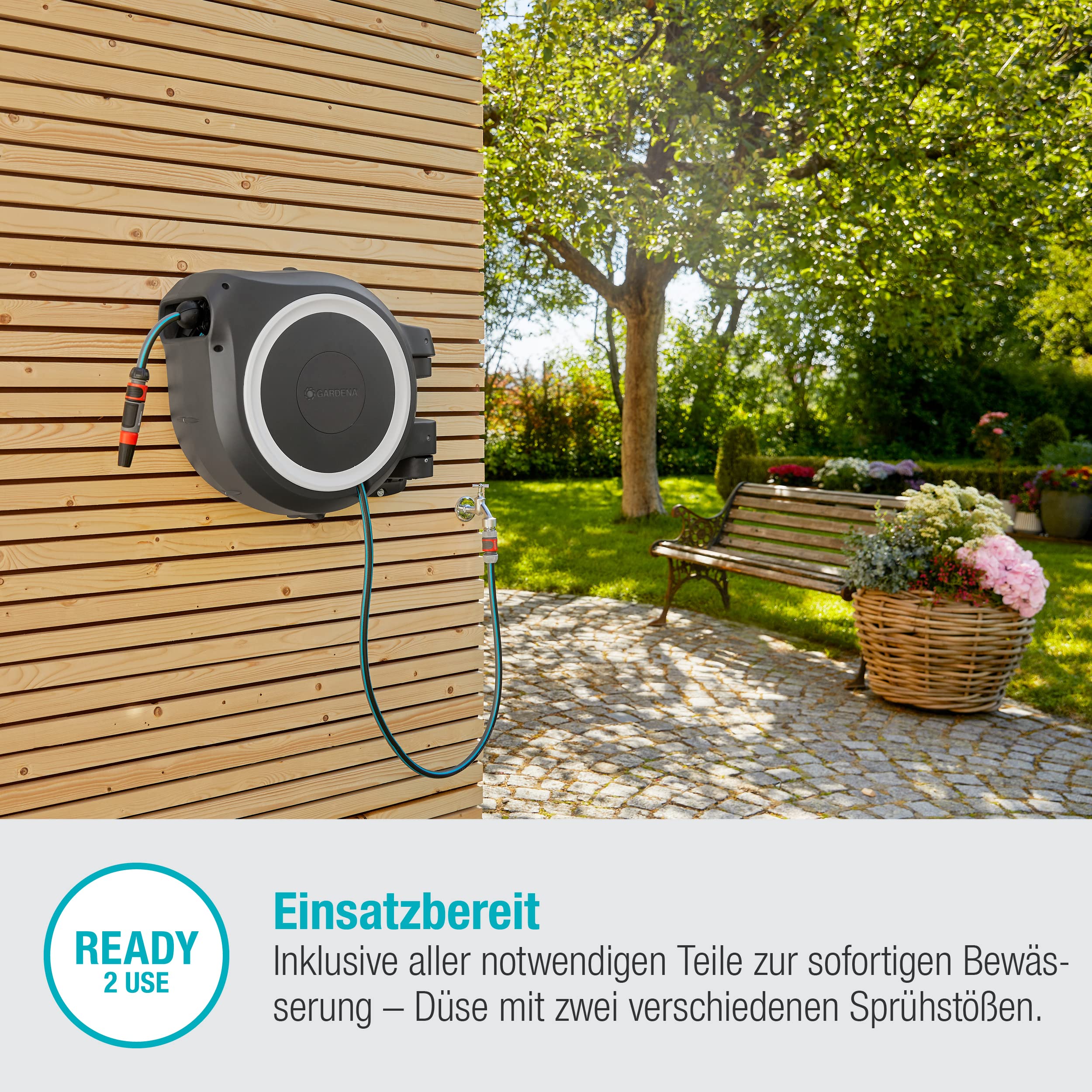 2025 Gardena Wandslangbox RollUp M/L (wit) 25 m: flexibele beregening voor middelgrote tot grote tuinen, draaibare slangbox, incl. 25 m Gardena kwaliteitslang en montagemateriaal (18622-20)