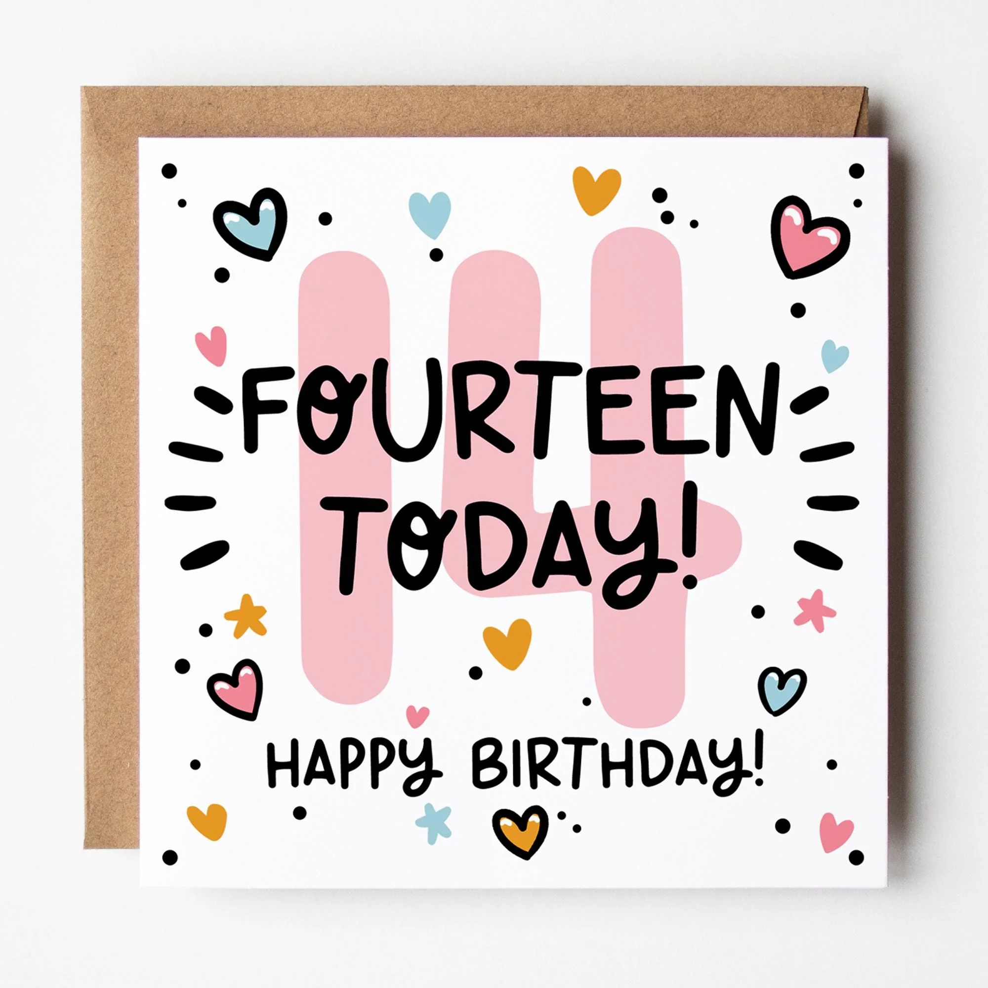 14th Birthday Card for Girls: Pink 14, Fourteen Today with Hearts and Kraft Envelope
