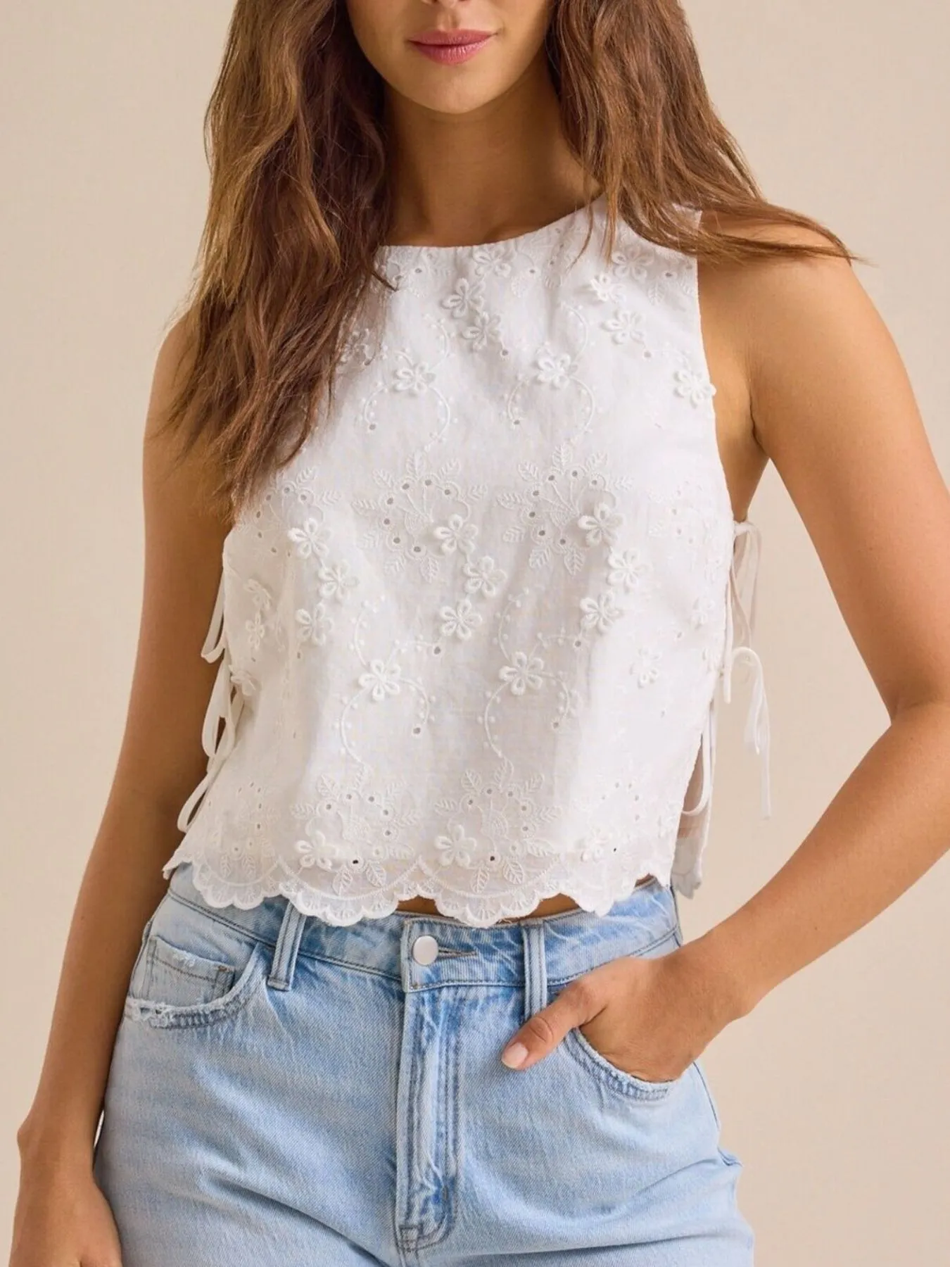 Eyelet Embroidered Scalloped Hem Tank Top