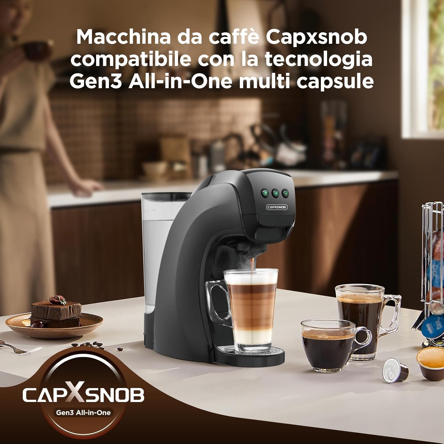 Warriors1 Macchina da Caffè a Capsule 5 in 1 per Nespresso, Lavazza A Modo Mio, Espresso Point, Dolce Gusto e Caffè Macinato, 20 bars, 0,8 L, Calore e Quantità Regolabili, Compatta per Casa e Ufficio
