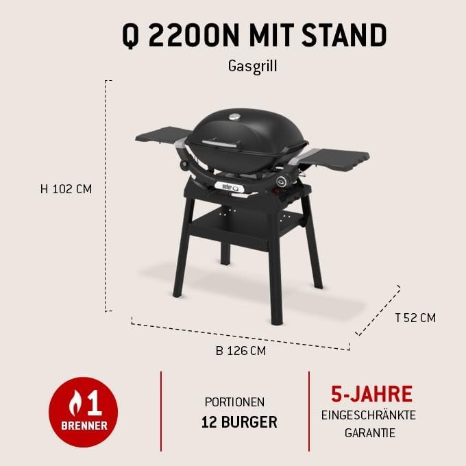 Weber Q 2200N Gasgrill mit Seitentischen & kompakten Stand/Grill für Terrassen und Balkone mit Hochleistungsbrennern, porzellanemaillierten Gussrosten und elektronischer Zündung, Mitternachtsschwarz