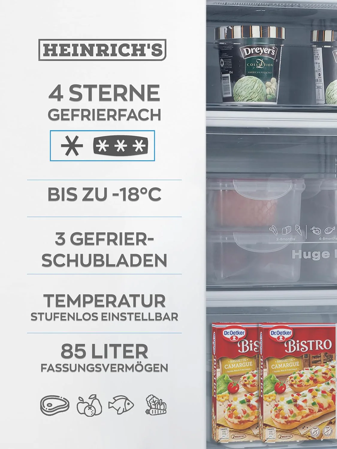 Heinrich´s Gefrierschrank 61Liter -18°C Freezer, 3x Gefrierschublade, 7 Stufen Temperaturregler, Airflow, wechselbarer Türanschlag weiß