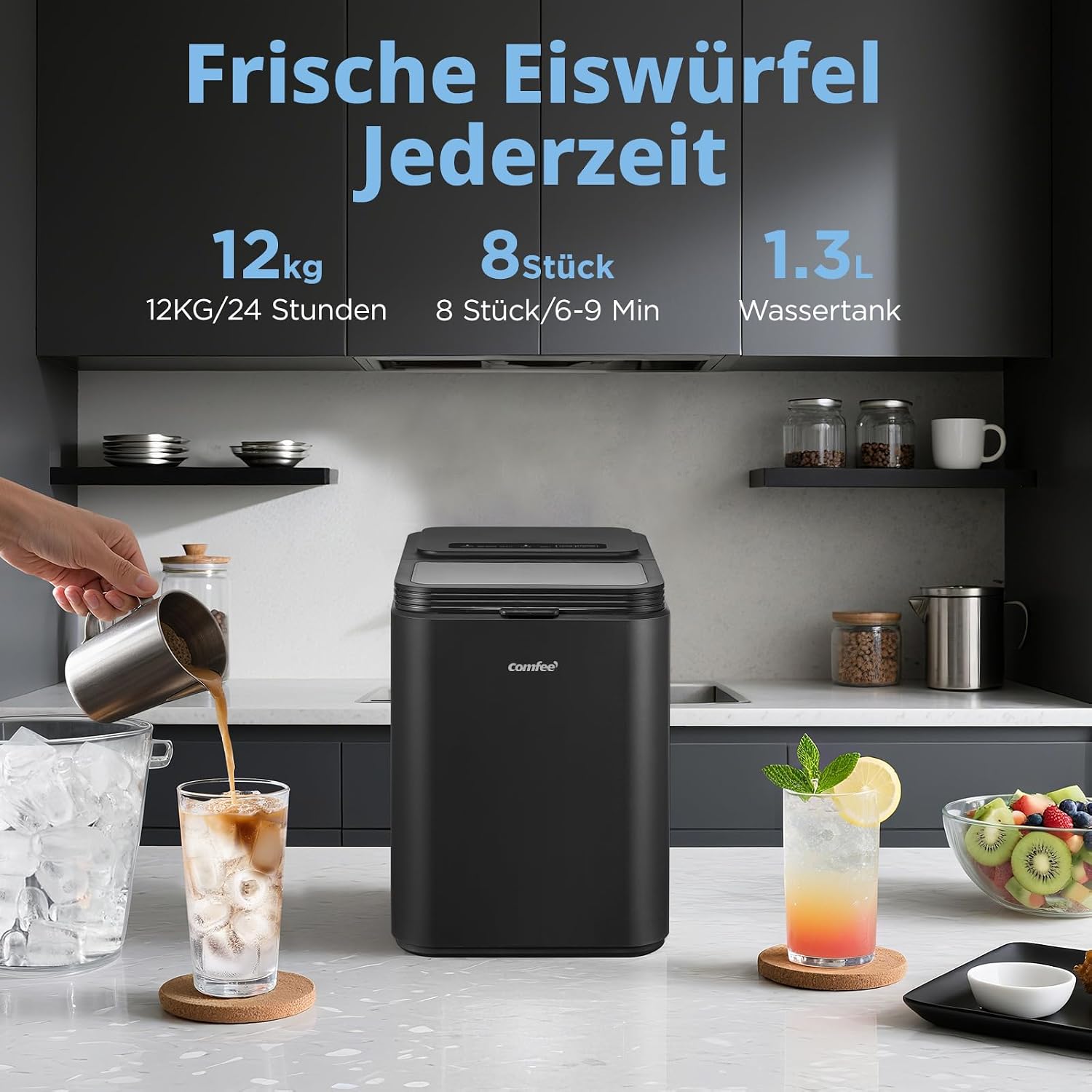 Comfee' RCI12BL1EU(E) Eiswürfelmaschine, 8 Eiswürfel in 6 Min.,12 kg/24 Std.,1,3L Wassertank, Selbstreinigungsfunktion, Kompakter Bullet Ice Maker, inkl.Eisschaufel & Korb für Zuhause– Schwarz