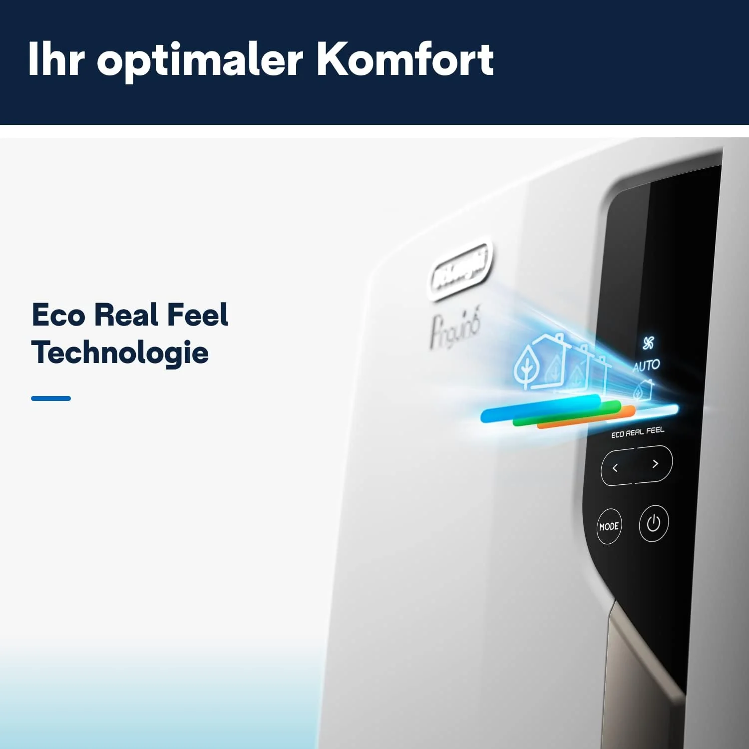 De'Longhi Pinguino PAC EM82, Condizionatore Portatile per ambienti fino a 80 m³, 9.400 BTU, 2,4 kW, 63 dB, Funzione Deumidificatore, Classe Energetica A, Timer 24h, Bianco