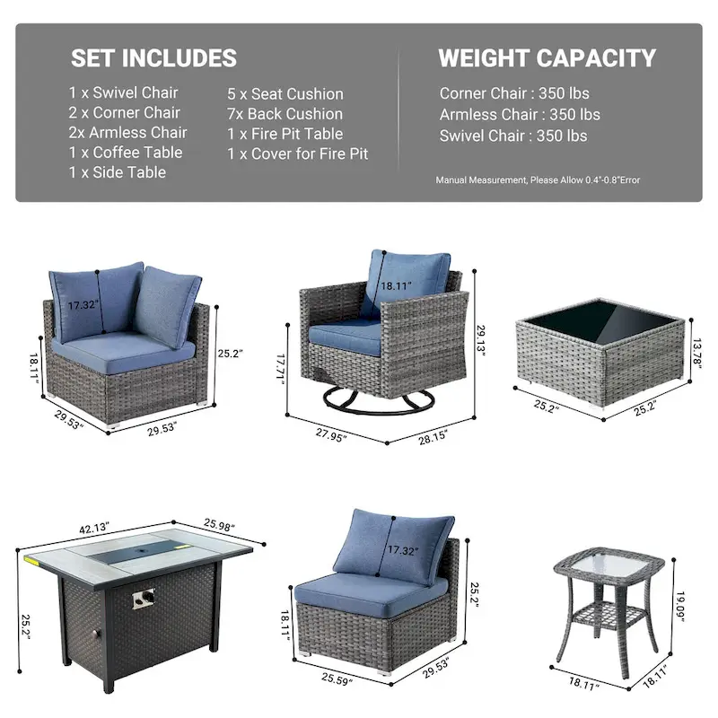 HOOOWOOO 8-piece Rattan Wicker Patio Furniture Set with Fire Pit