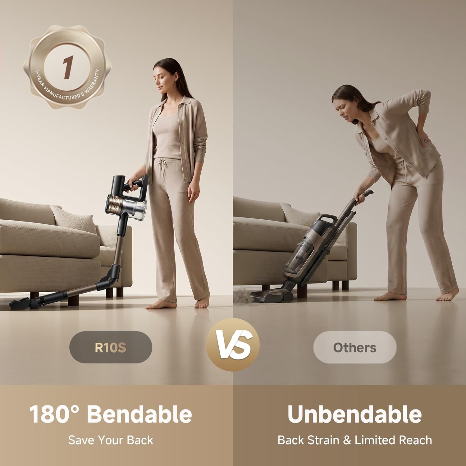 DREAME R10S Cordless Stick Vacuum with 180° Bendable Rod, Reaches Deep Under Beds & Furniture, 250W Suction, Up to 45-Minute Runtime, LED Headlight, for Hard Floors & Carpet