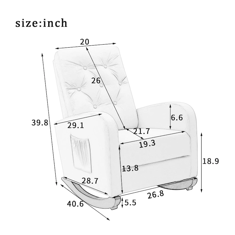 Modern 28.74 High Back Upholstered Buttons Tufted Rocking Chair with Solid Wood Legs and Side Pocket