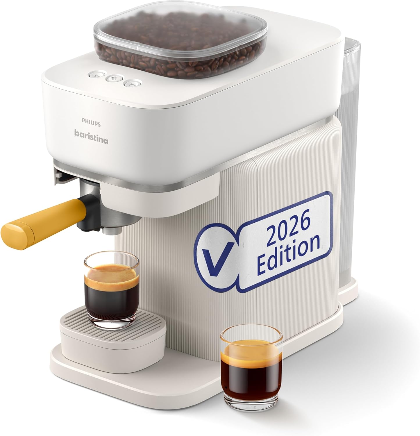 Baristina Espressomaschine – Automatisches Mahlen, Tampen & Brühen,16 Bar, Kaffeemaschine mit Mahlwerk & Siebträger, leichte Reinigung, Espresso & Café Crema, Naturweiß/Mangogelb (BAR305/03)