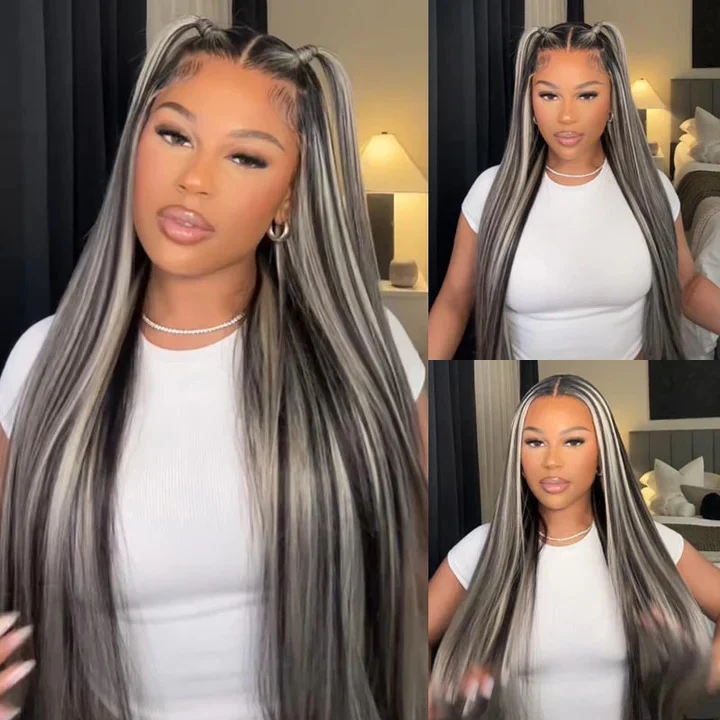 Platinum Gray Highlights Mix Black Straight Wigs 8x5 13x4 13x6 Undetectable HD Lace Front Wig 100% Human Hair