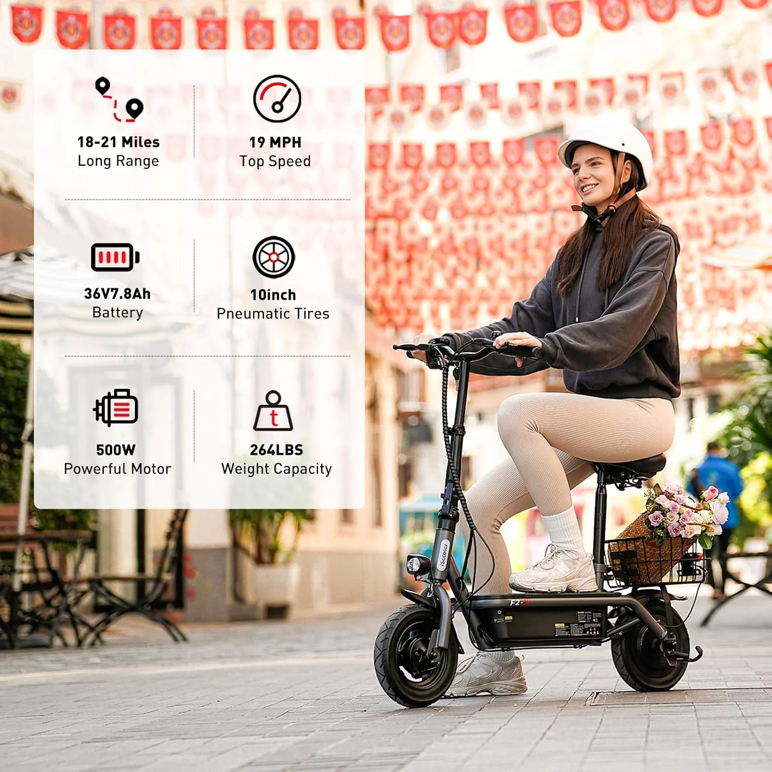 iScooter electric scooter with seat, 37/21 mile range, 28/19/15.6 mph top speed, dual suspension scooter with basket