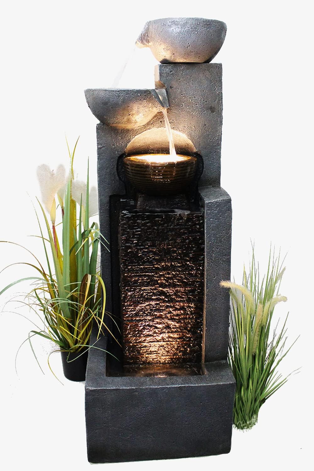 Arnusa Großer Gartenbrunnen mit LED Beleuchtung Springbrunnen Kaskade Wasserspiel Gartendekoration, Schwarz, Grau