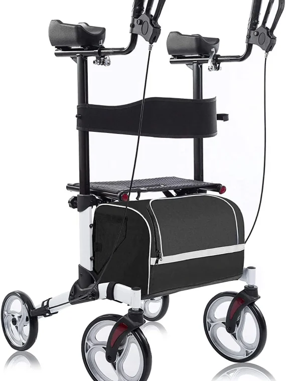 BEYOUR WALKER Upright Walker, Newest Design, Stand Up Rollator Walker Tall Rolling Mobility Walking Aid with 10” Front Wheels, Seat and Armrest for Seniors and Adults, White