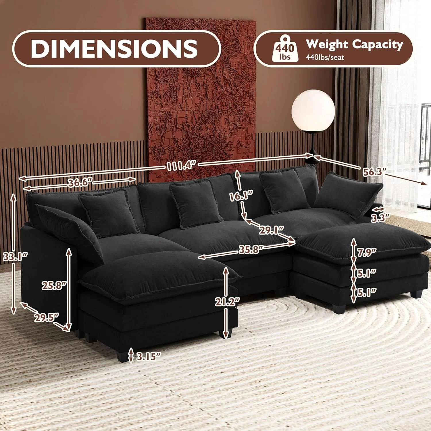 111.4 Inch L-Shaped Modern Sofa Modular Cloud Sofa Ottoman 4-Seater Chenille Deep Seat Sofa