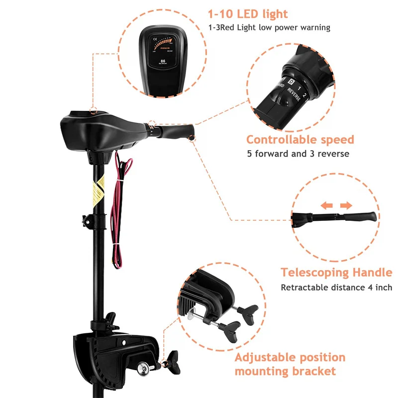Eletriclife 8 Speed Electric Trolling Motor Transom Mount 36" Shaft for Freshwater Saltwater Use