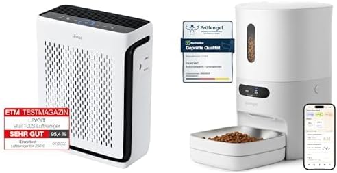 Levoit Luftreiniger Allergiker mit Tiermodus, CADR 243m³/h bis 52㎡, HEPA Luftfilter 99,97% Filtration + Pawsync Futterautomat Katze & kleiner Hund mit App-Fernfütterung, individuelle Fütterungspläne