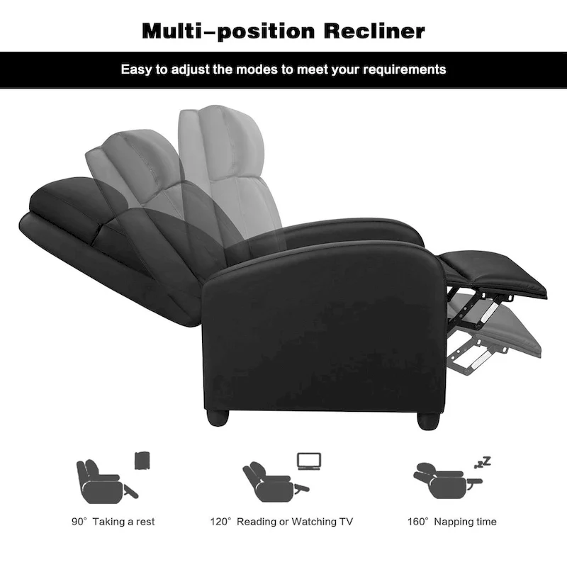 PU Leather Push-Back Recliner Chair, Brown / Black / Grey / Khaki / Red / Beige, Single