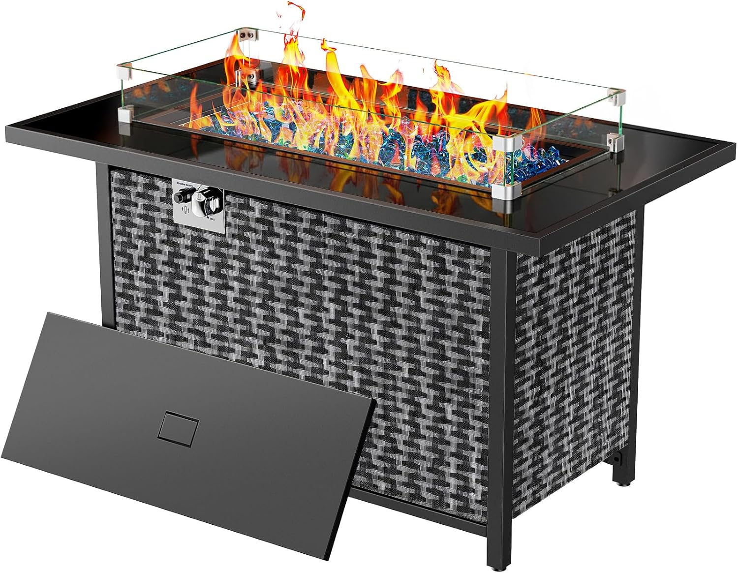 Ciays 43″ Propane Fire Pit with Glass Wind Guard, CSA-Listed 60,000 BTU Outdoor Gas Fire Pit Table, Tempered Glass Top, Glass Rocks,Lid, Adjustable Legs, Fire Table for Patio, Garden & Party, Black