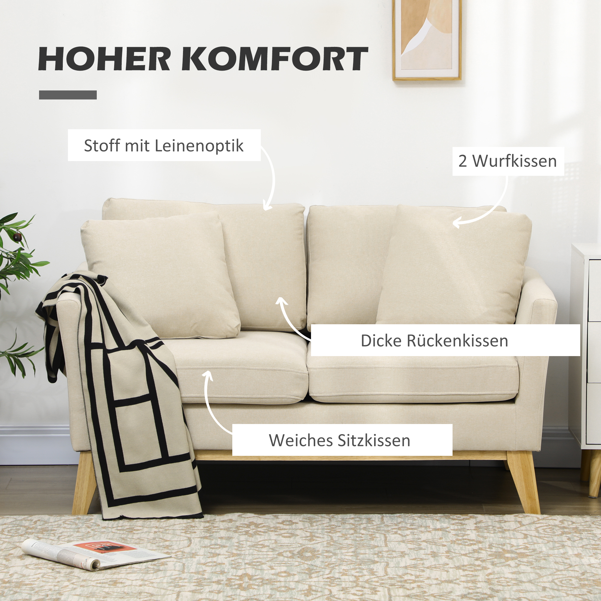 HOMCOM 2-zitsbank, Scandinavisch design, 2 sierkussens, frame van natuurlijk hout, beige, 137 x 78 x 78 cm