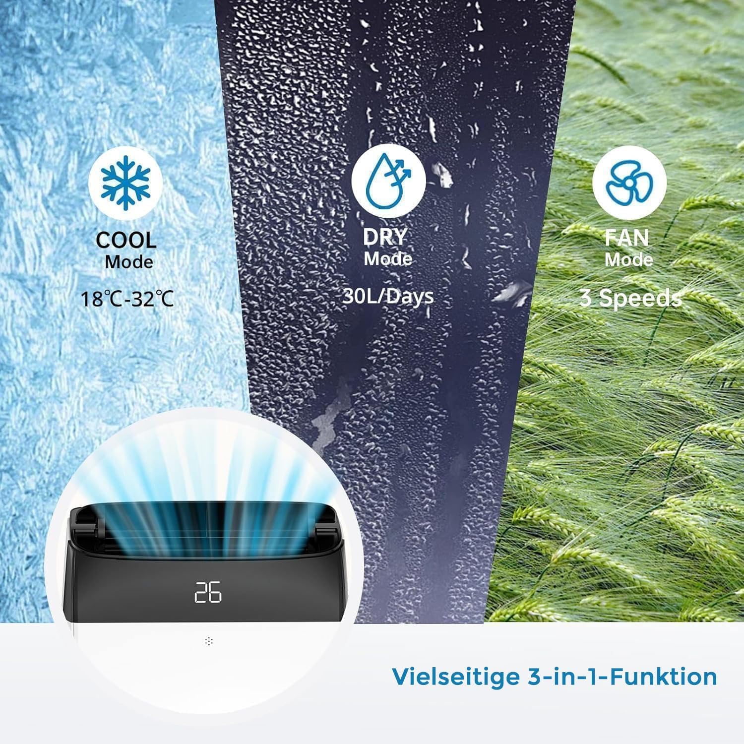 Garvee Mobile Klimaanlage 10000 BTU, 4-in-1 Klimagerät mit Kühlen & Entfeuchten & Ventilieren, Leiser Betrieb