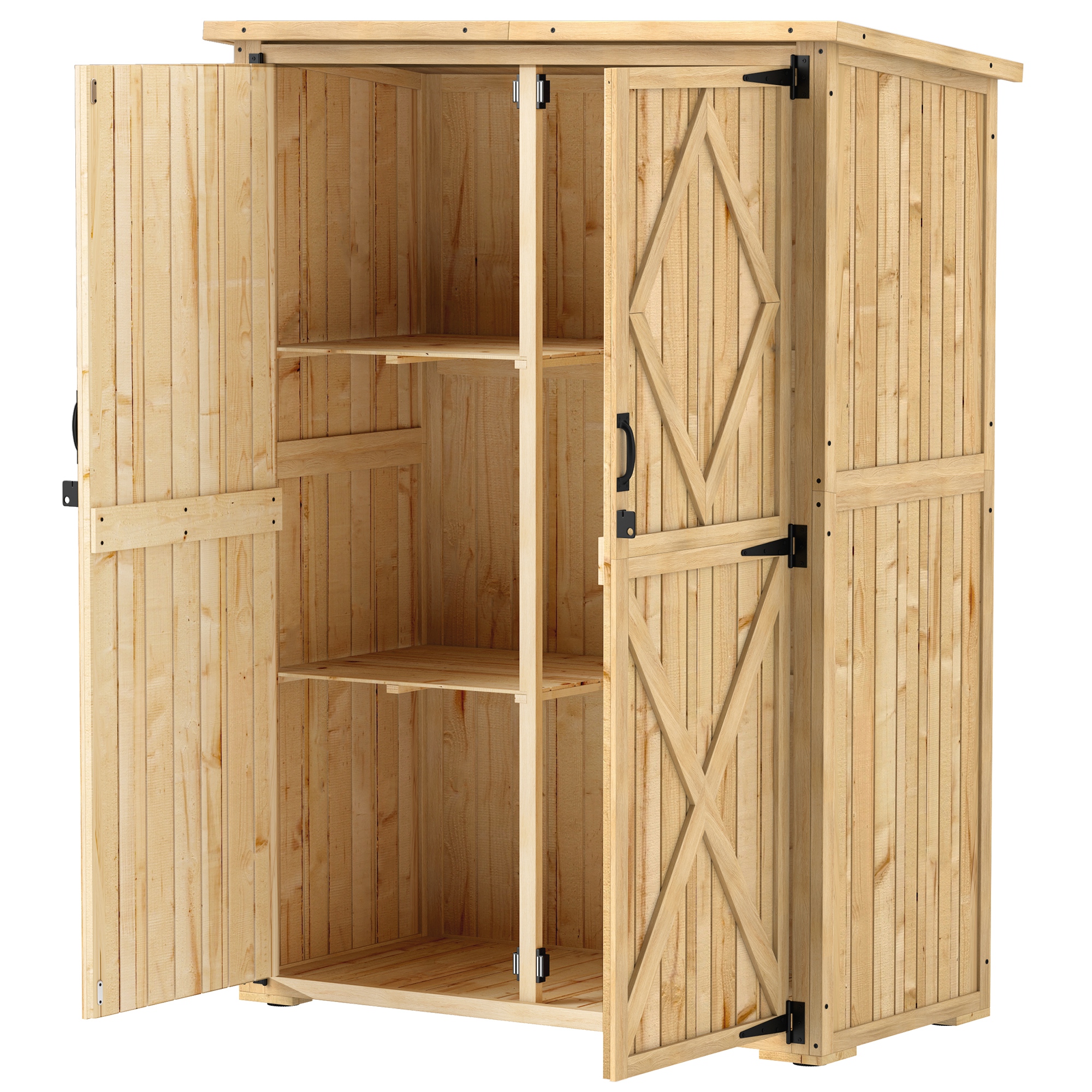 Outsunny Tuinopslagschuur, houten schuur voor gereedschap en tuinapparatuur, asfaltdak, dubbele deuren, sparrenhout, lichtbruin