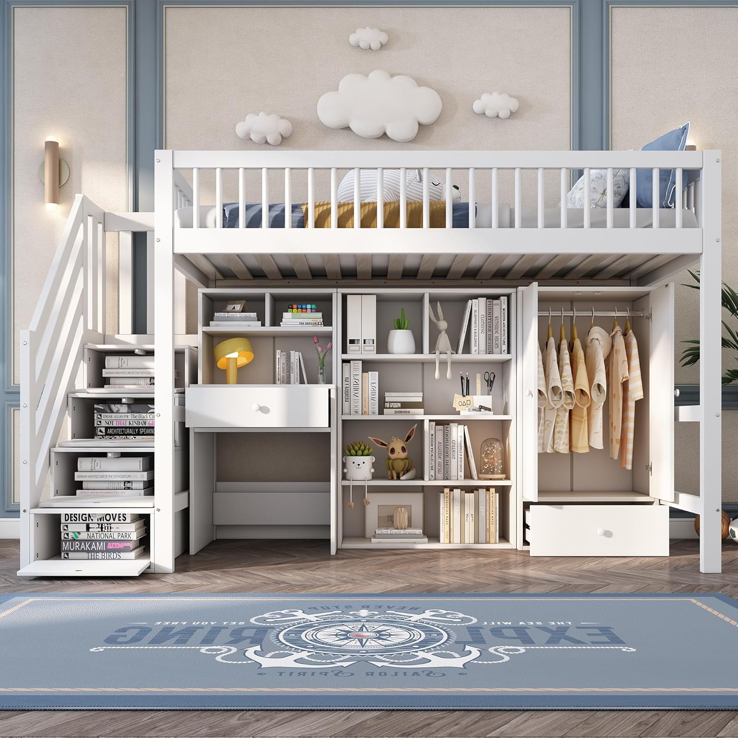 Kinderbett 90x200 cm, Hochbett mit Kleiderschrank Schreibtisch und Treppe, Einzelbett mit Schubladen und Schließfach, Funktionsbett Kinderhochbett Jugendhochbett mit Rausfallschutz & Lattenrost, Weiß