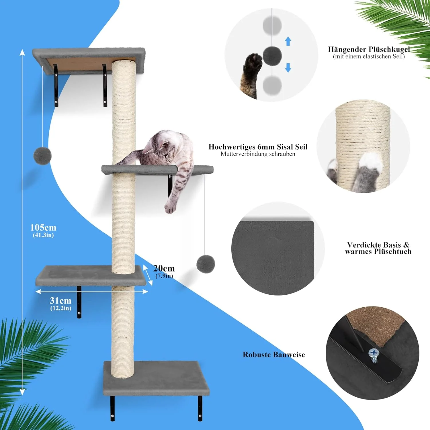 Zvonema Parete da arrampicata 10 pezzi-Amaca per gatti,Ponte sospeso con sisal antiscivolo,Tiragraffi con sisal,Riposo e mensola da parete da gioco con pallina,Parete da arrampicata per gatti fino a 10 kg