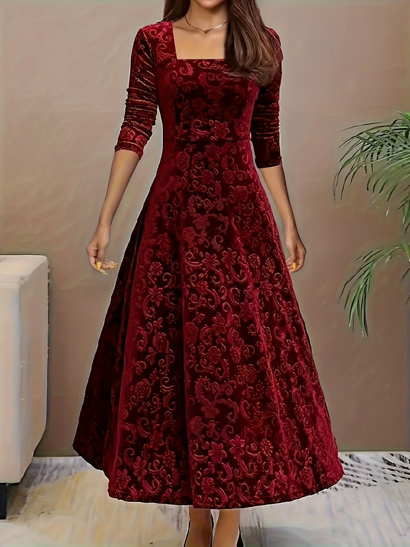 Women��s Embossed Velvet Midi Dress Elegant A-Line with Square Neckline