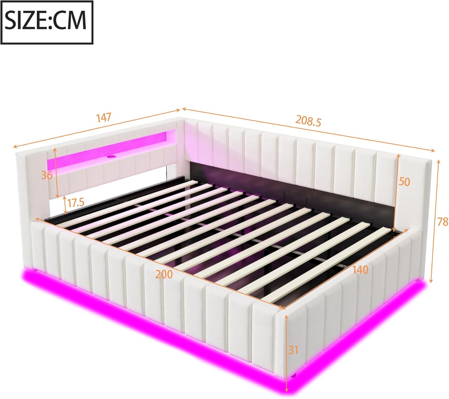 Polsterbett Schlafsofa 140x200, Doppelbett mit Hydraulischem Stauraum, mit LED-Licht und USB-Ladefunktion, Tagesbett Jugendbett mit Lattenrost, Samtstoff, ohne Matratze (Beige)