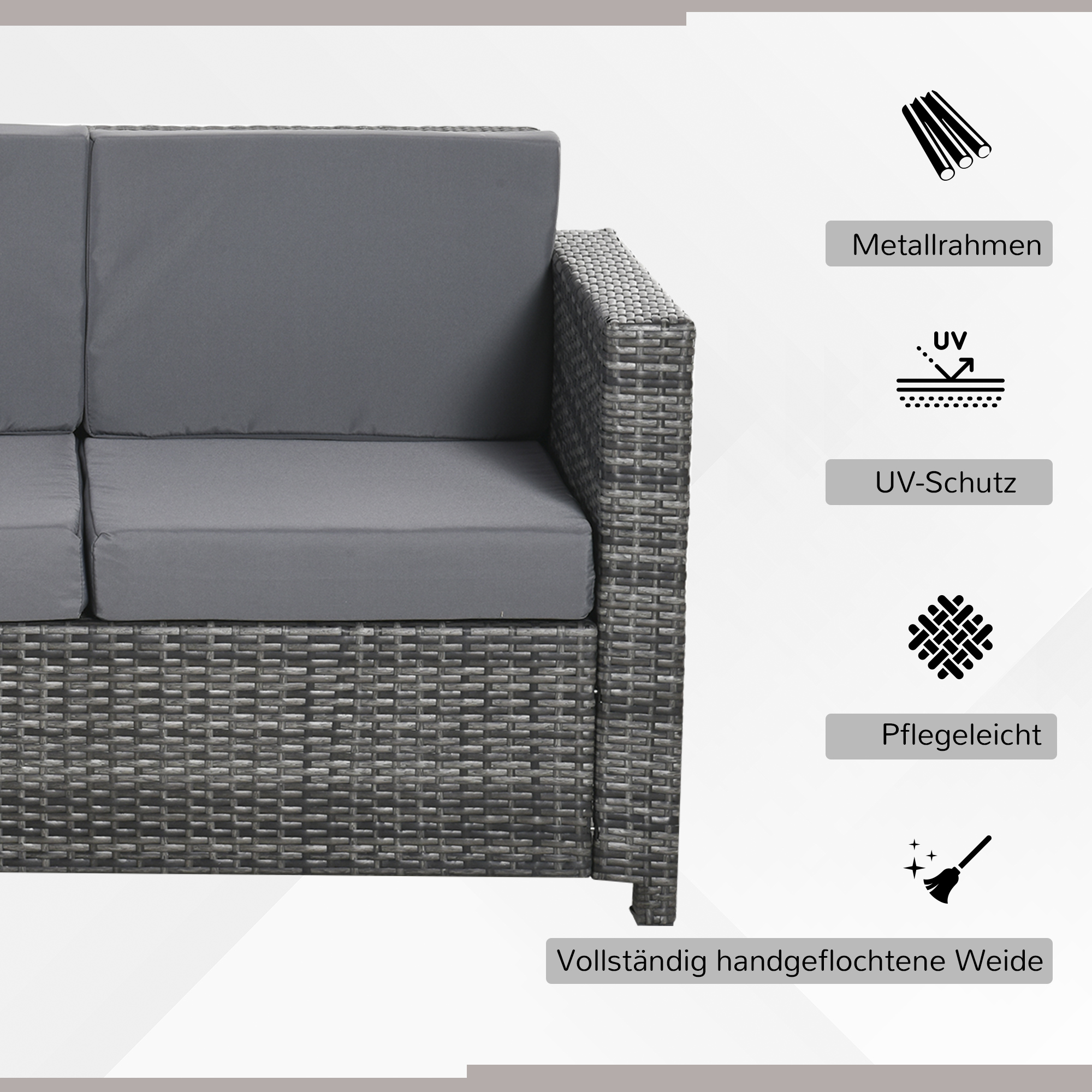 Outsunny Poly-rotan bank met kussens 3-zits loungebank tuin metaal polyester grijs
