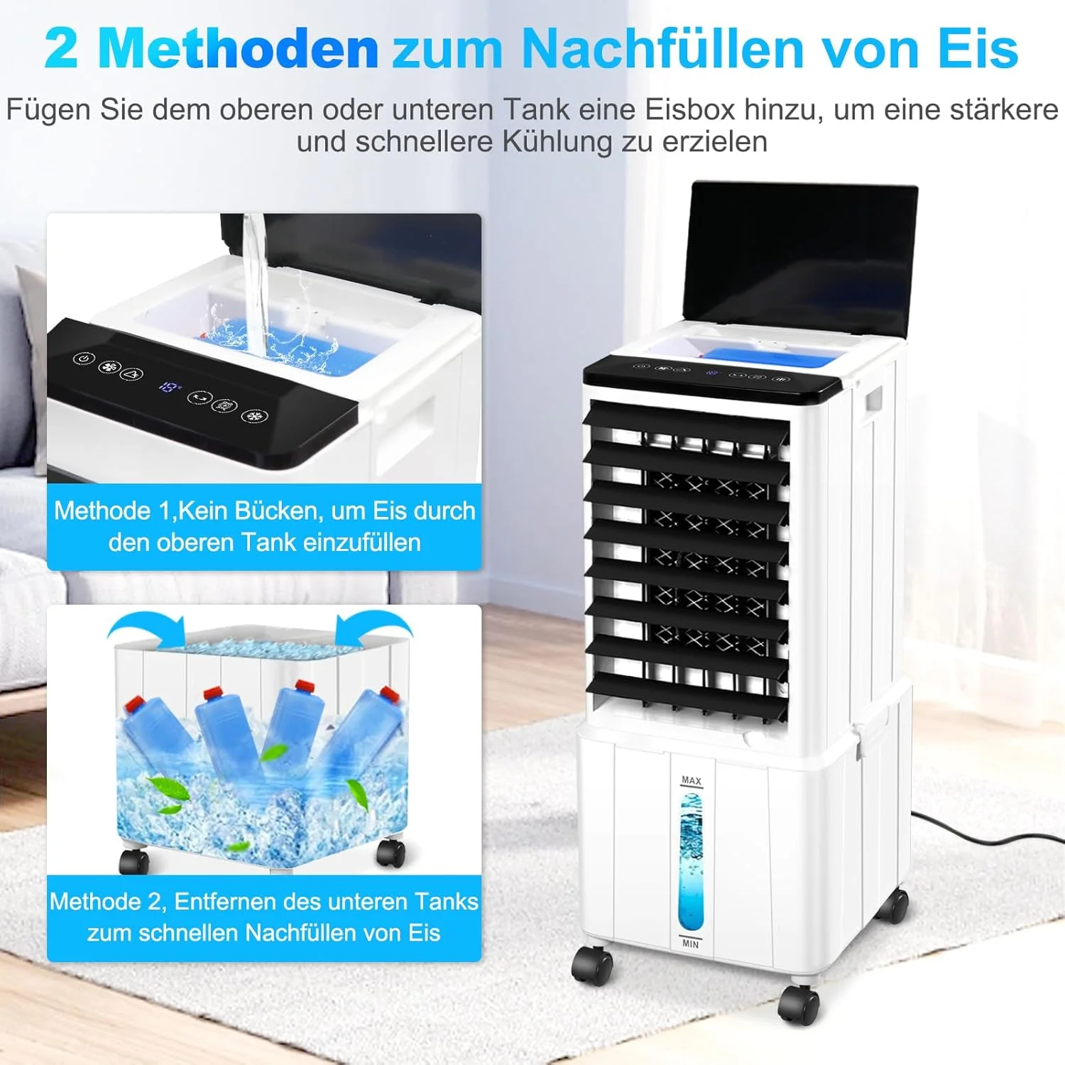 Condizionatore Portatile Senza Tubo, 12L 60W Raffrescatore Evaporativo con Timer 12H, 3 Modalità, 40dB, Oscillazione 120°, Serbatoio Acqua Rimovibile, Telecomando, Silenzioso Refrigeratore d'Aria per Casa Stanza Ufficio