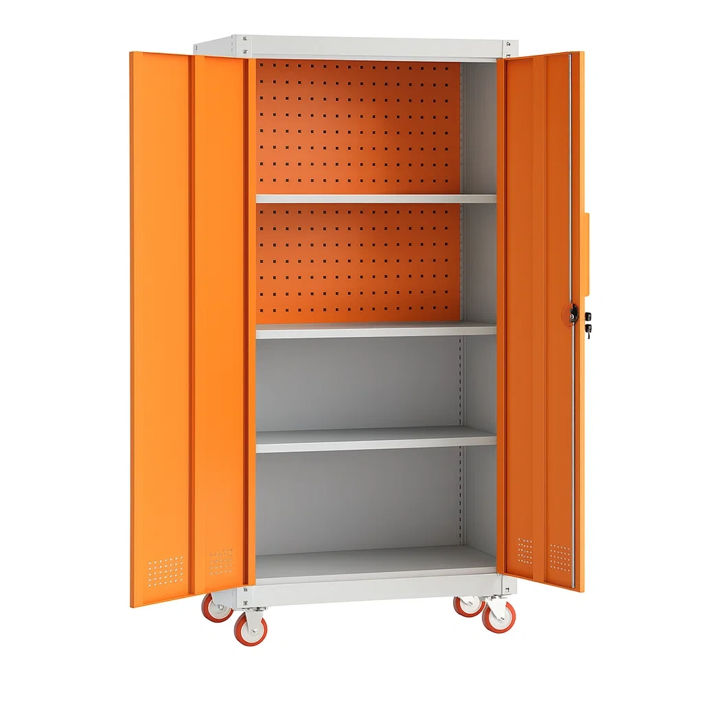 Armoire à outils de rangement en métal orange et gris avec roulettes 180 cm x 90 cm x 45 cm