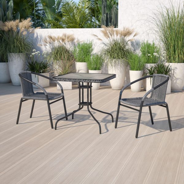28  Square Glass Metal Table with Gray Rattan Edging and 2 Gray Rattan Stack Chairs