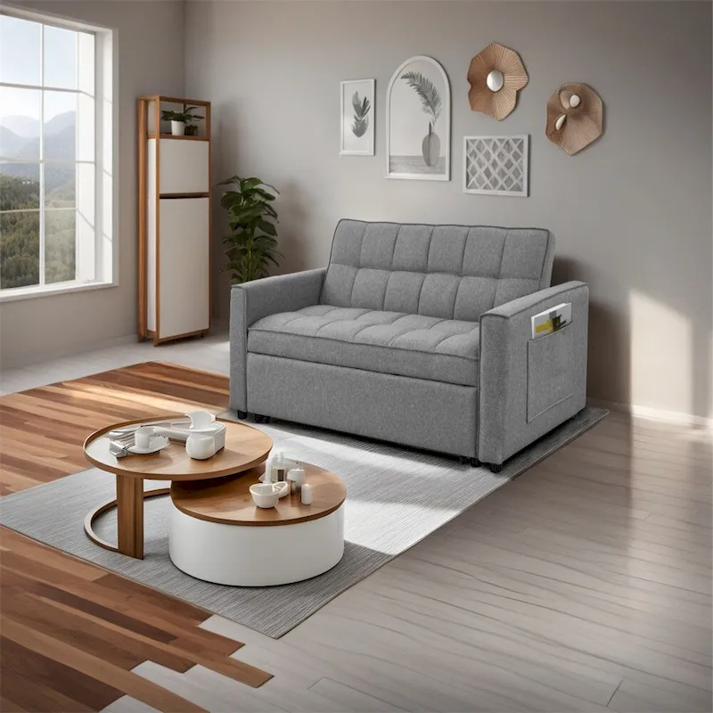 Stylish Pull-Out Sofa Bed w/Woven Polyester Fabric & Solid Wood Frame