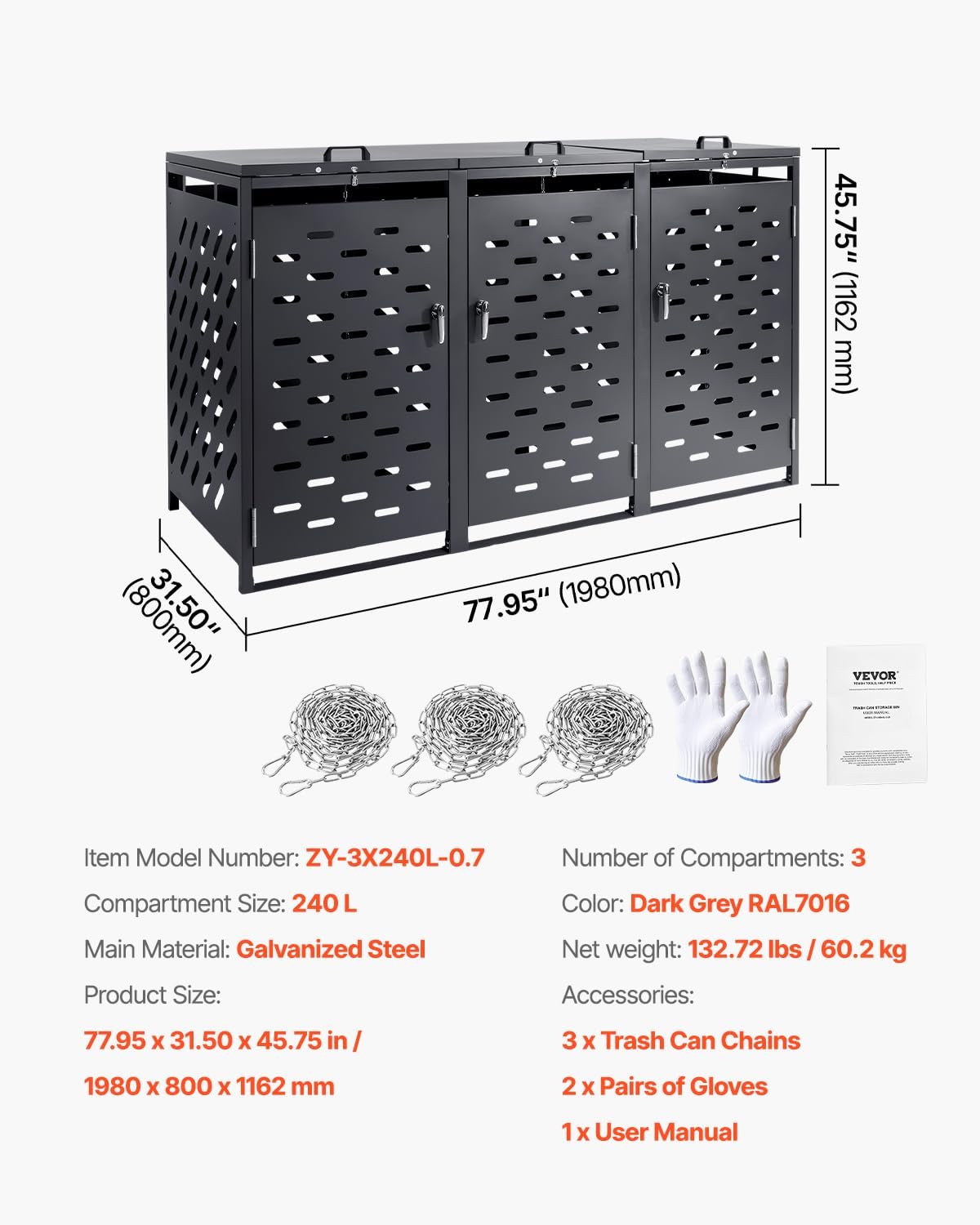 VEVOR Abri pour poubelles, 3 x 240 L, Rangement pour poubelles Horizontal, avec Couvercle à chaîne, boîte de Rangement à poubelles d'extérieur, étanche et verrouillable, pour Jardin, Cour et terrasse