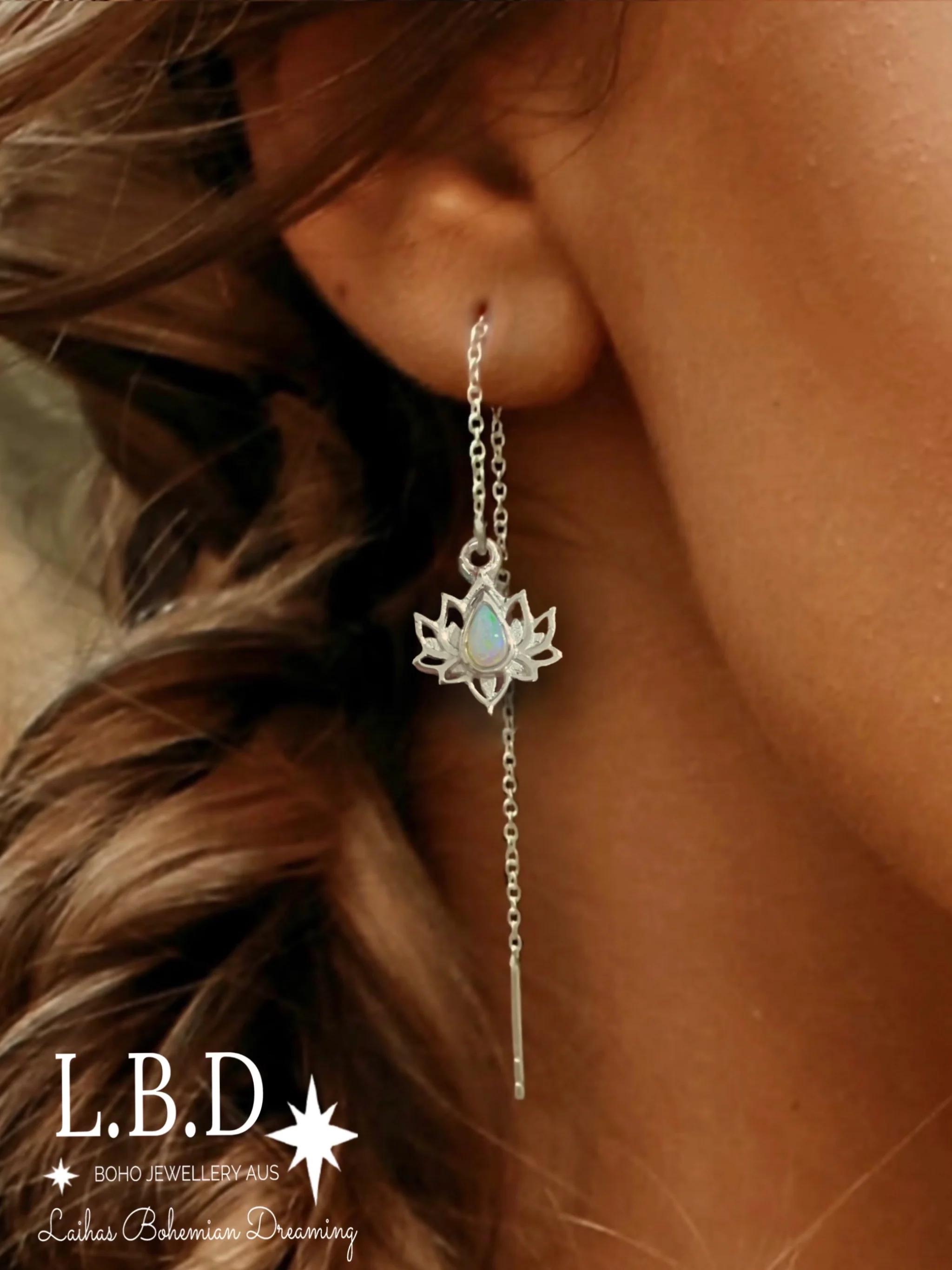 Opulent Lotus Flower Threader Style Opal Earrings