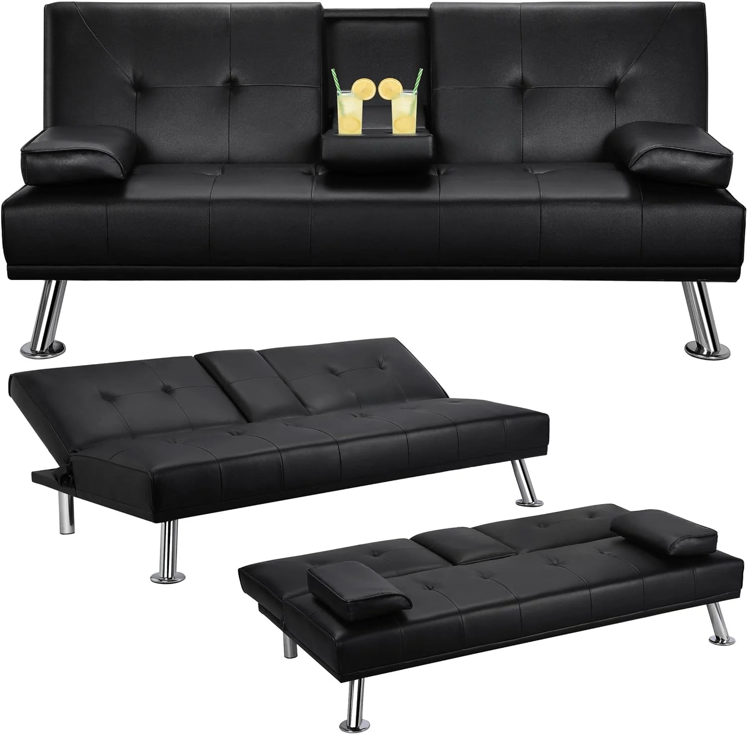 Yaheetech Convertible Sofa Bed Adjustable Couch Sleeper Modern Faux Leather Home Recliner Reversible Loveseat Folding Daybed Guest Bed, Removable Armrests, Cup Holders, 3 Angles, 772lb Capacity, Black