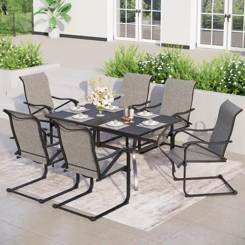 7/8-Piece Patio Dining Set including 60x38 Slatted Metal Table with 1.56 Umbrella Hole and 6 Spring Motion Chairs