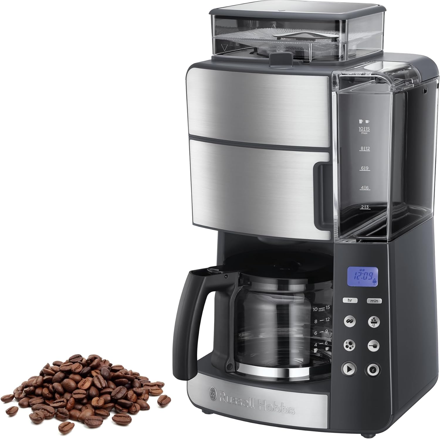 Russell Hobbs Kaffeemaschine mit Mahlwerk Glaskanne [Digitaler Timer, Brausekopf für opt. Extraktion & Aroma] Grind&Brew (1 bis 10 Tassen, 3-stufige Mahlgradeinstellung) Filterkaffeemaschine 25610-56