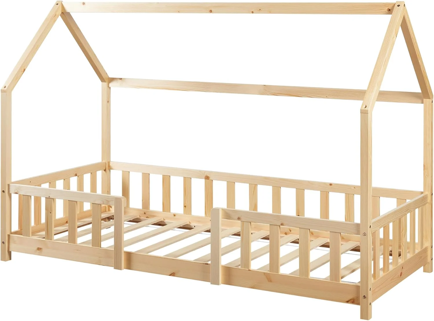 [en.casa] Letto per bambini Sisimiut a capanna 80 x 160 cm con protezione anticaduta letto in legno per bambini letto a terra rete a doghe in legno di pino Bianco opaco