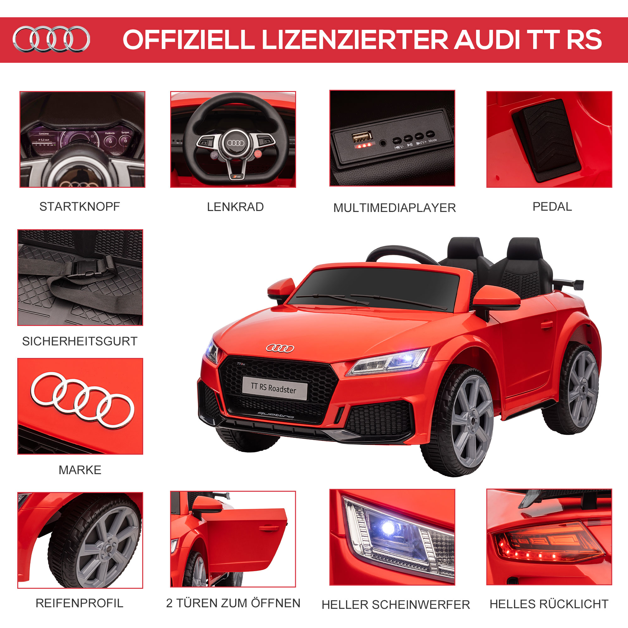HOMCOM® kindervoertuig elektrische auto Audi TT RS afstandsbediening MP3 3-8 jaar PP rood 103 x 63 x 44 cm | Aosom.de