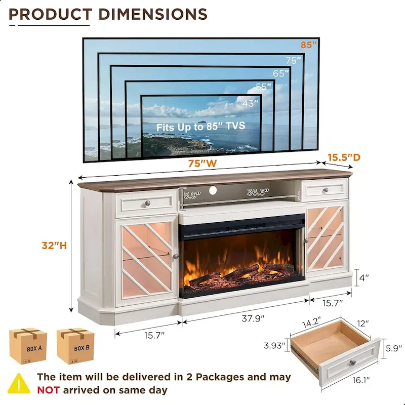 Farmhouse TV Stand with 3-Sided Fireplace, Entertainment Center