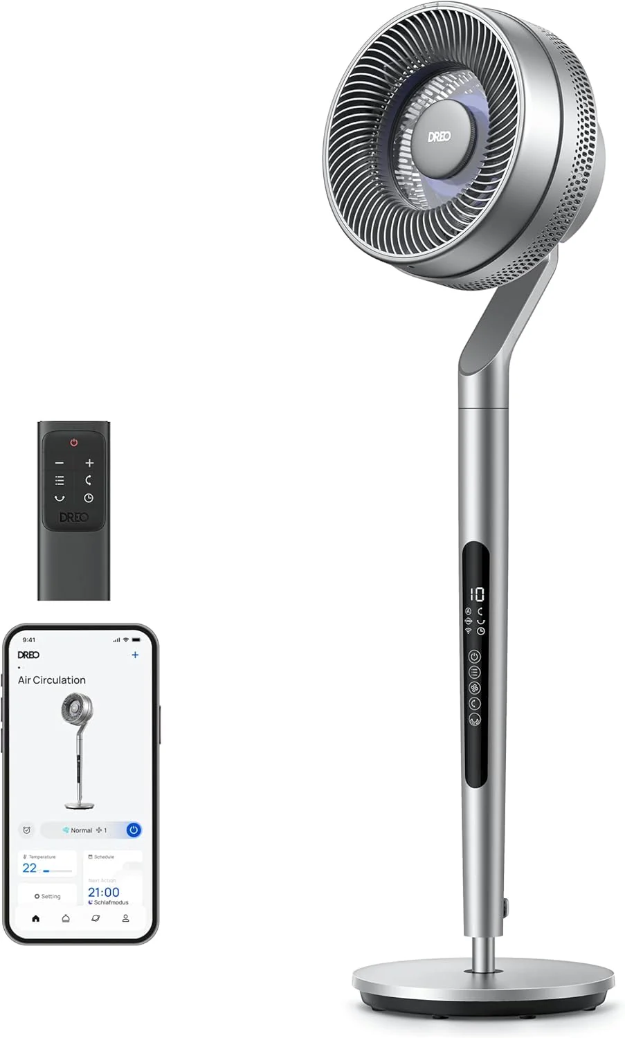 Dreo Standventilator mit intelligenter Steuerung, 101,6–111,8 cm höhenverstellbar, DC leiser Ventilator für Schlafzimmer, 120°+85° omnidirektionaler oszillierender Ventilator, 30,5 m Luftstrom, 10