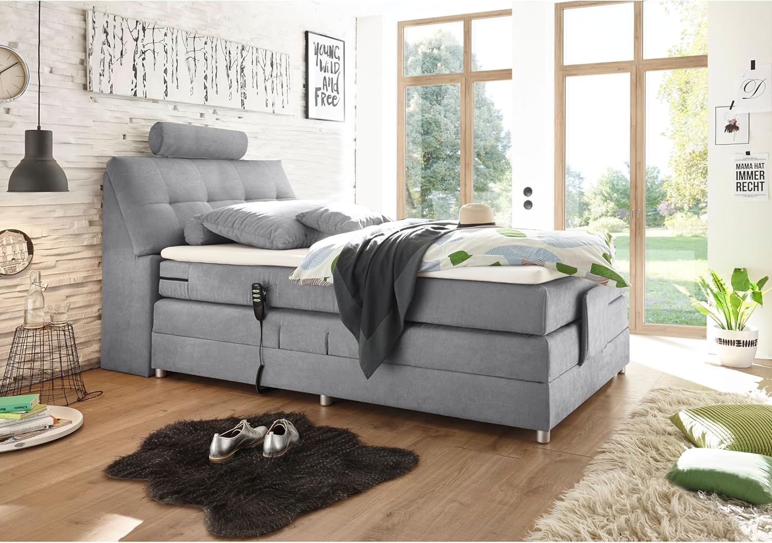 PALERMO 2 Boxspringbett 120x200 elektrisch verstellbar, Hellgrau - Bequemes Einzelbett mit dekorativer Steppung & Komfortschaum Topper - 120 x 127 x 234 cm (B/H/T)