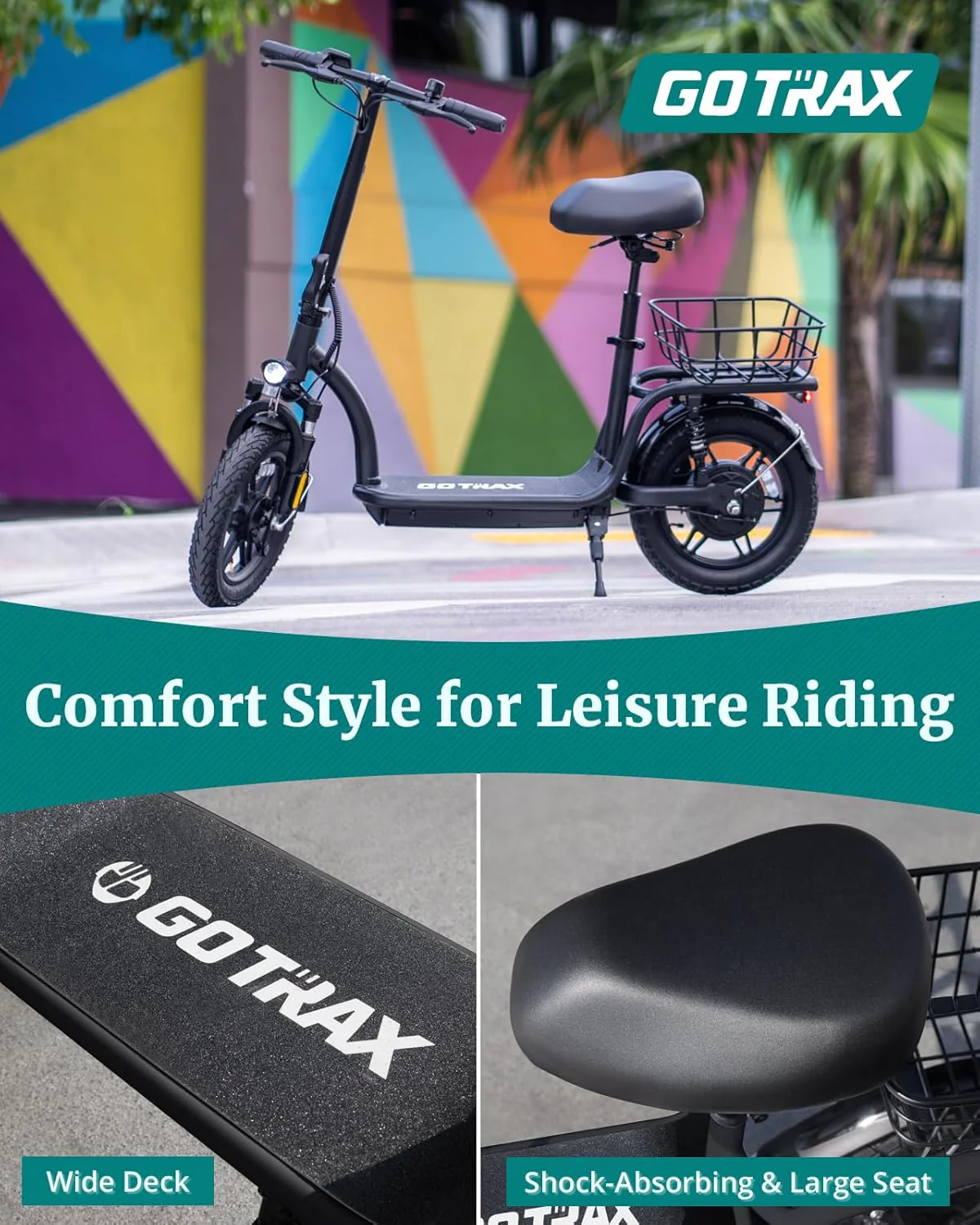 Gotrax adult electric scooter with seat, maximum range of 19-25 miles, all-terrain tires, wide pedals, padded seat, and carrycot