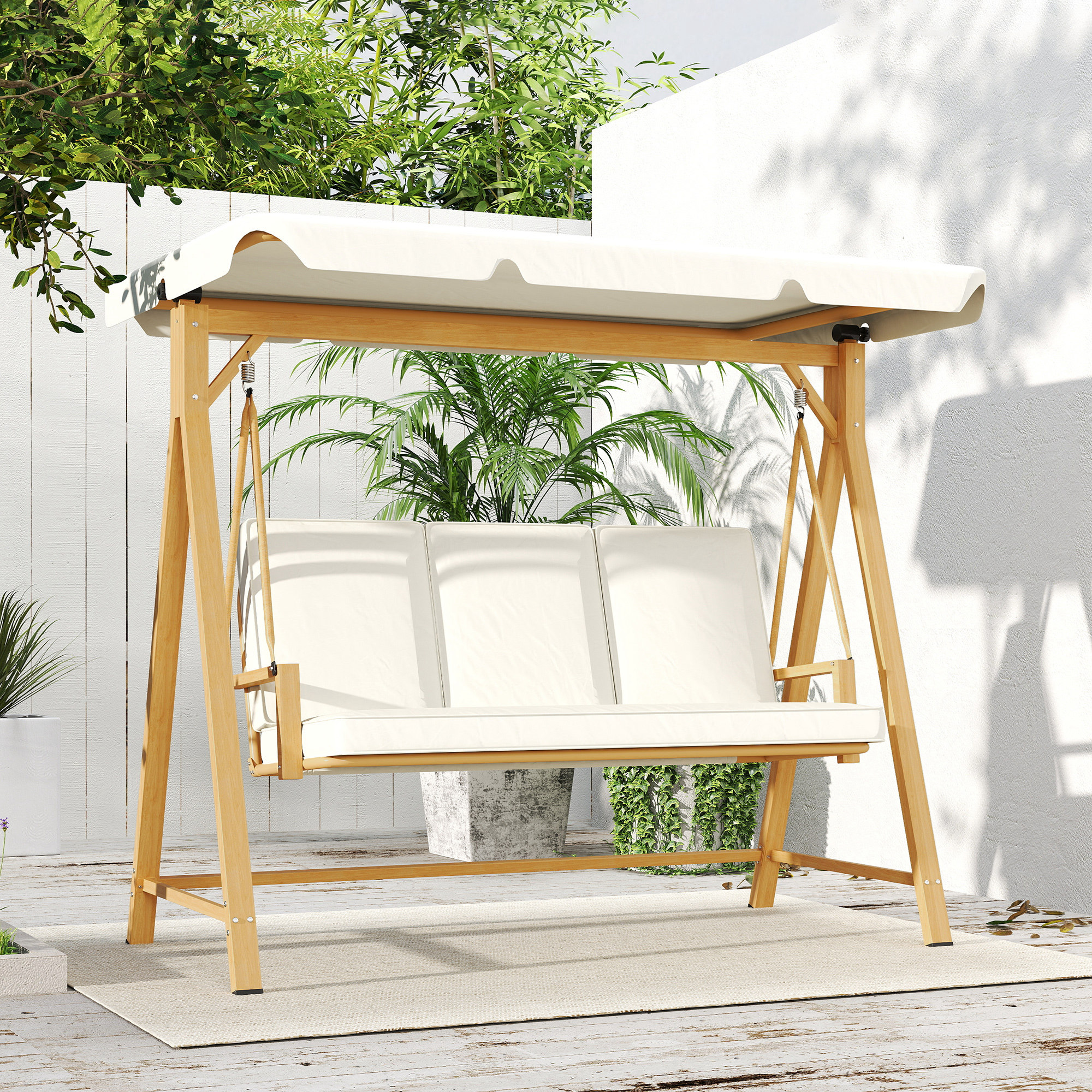 Outsunny Tuinschommel met Verstelbaar Zonnedak en Gewatteerde Zitting, 3-zits tot 330kg, 198 x 120 x 170cm, Beige