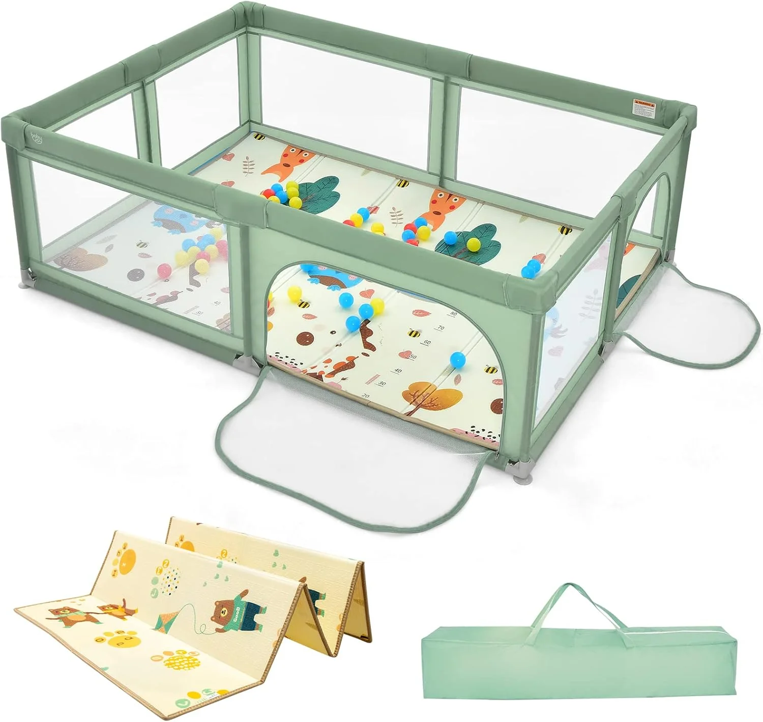 Recinto per Bambini con Materasso, Box per Bambini con Tappetino, Rete Traspirante e Apertura a Cerniera, Box Giochi con Borsa, 4 Impugnature e 50 Palline, per Bambibi 0-3 Anni (Verde)