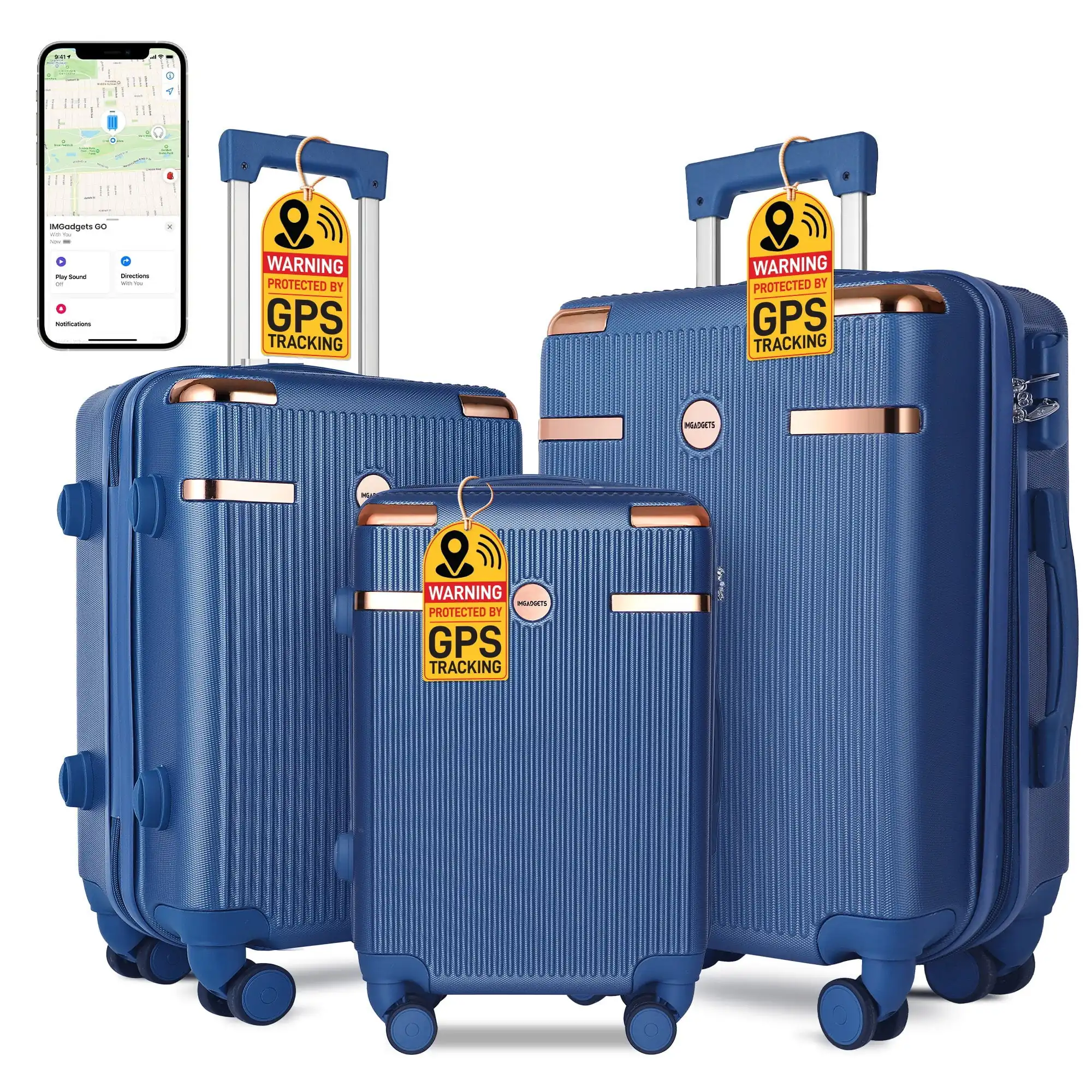 IMGadgets Go Luggage 3pc Set | Lightweight & Durable ABS Polycarbonate | 360° 4x Dual Spinner Wheels | TSA-Approved Lock | 3 GPS World Smart Tags | Spacious Design | Retractable Iron Handle