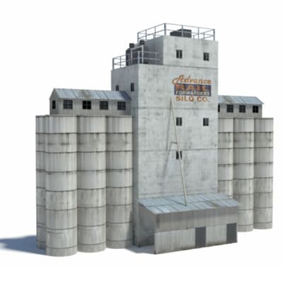 Silos (largest with tower center)