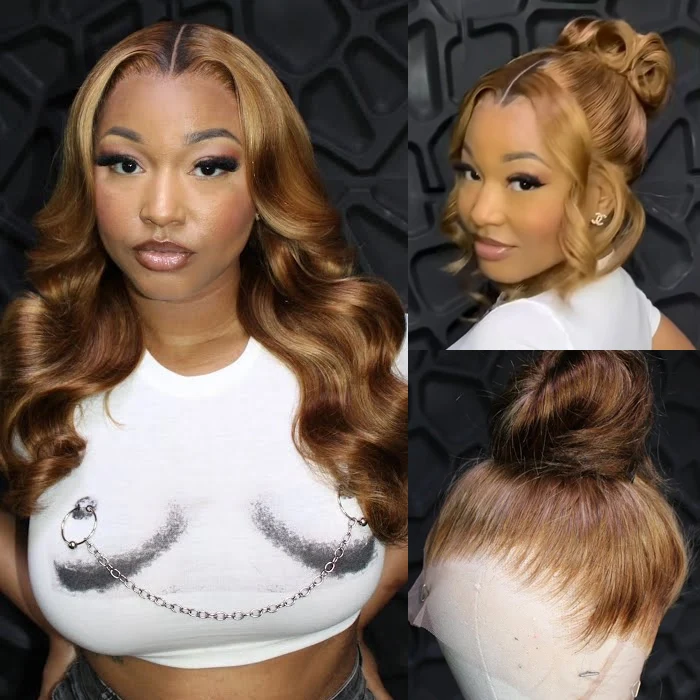 360 Lace Frontal Wigs With Hidden Strap #427 Highlight Snug Fit Affordable Body Wave Water Wave 220% Density Human Hair Wig